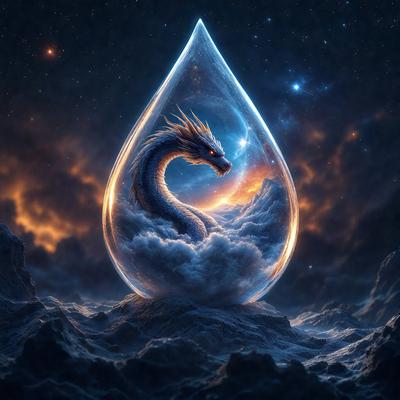 Primary subject: A dragon or a similar creature with a water drop or a tear-shaped object in its mouth.

Setting/background: The background features a night sky with stars, creating a celestial atmosphere.

Visual style: The image is a digital art or illustration, showcasing the dragon or similar creature in a unique and creative manner.

Colors and mood: The colors in the image are predominantly dark, with the dragon or similar creature being the main focus. The overall mood is mysterious and captivating, as the viewer is drawn into the intriguing world of the creature.
